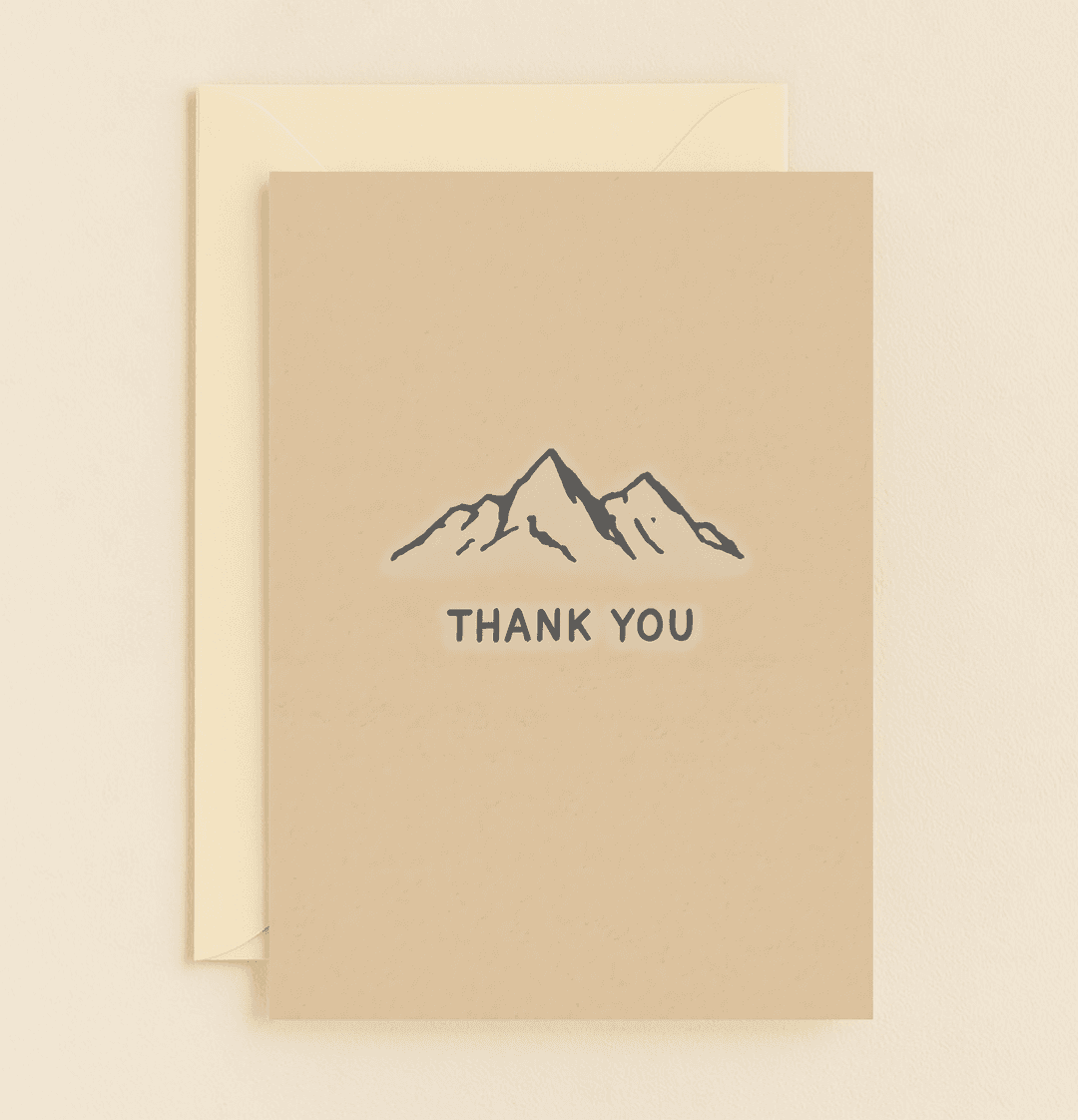 Express heartfelt thanks with "Peaks of Gratitude," a serene card featuring a minimalist mountain design on a calming beige backdrop, perfect for nature lovers.