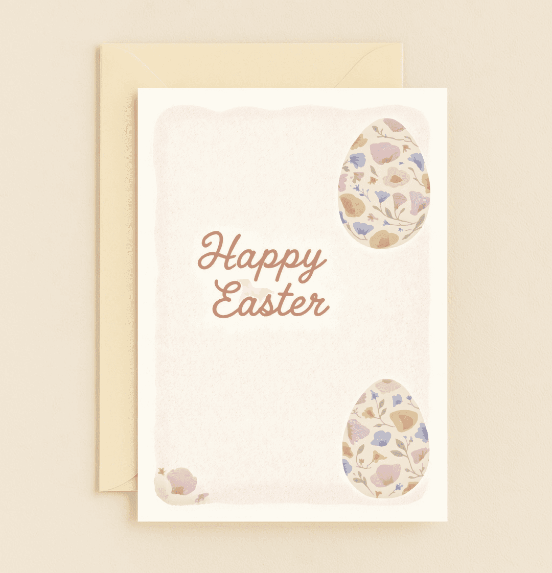 Celebrate Easter with a charming pastel card featuring floral-adorned eggs and a heartfelt "Happy Easter" message in elegant brown script.