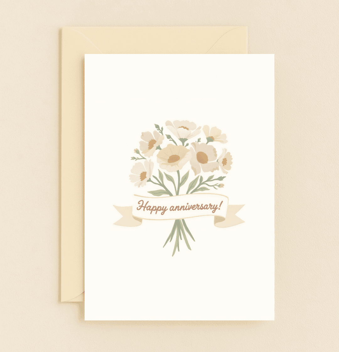 Celebrate your anniversary with an elegant card featuring a pastel floral bouquet and a flowing "Happy anniversary!" banner, perfect for honoring your love.