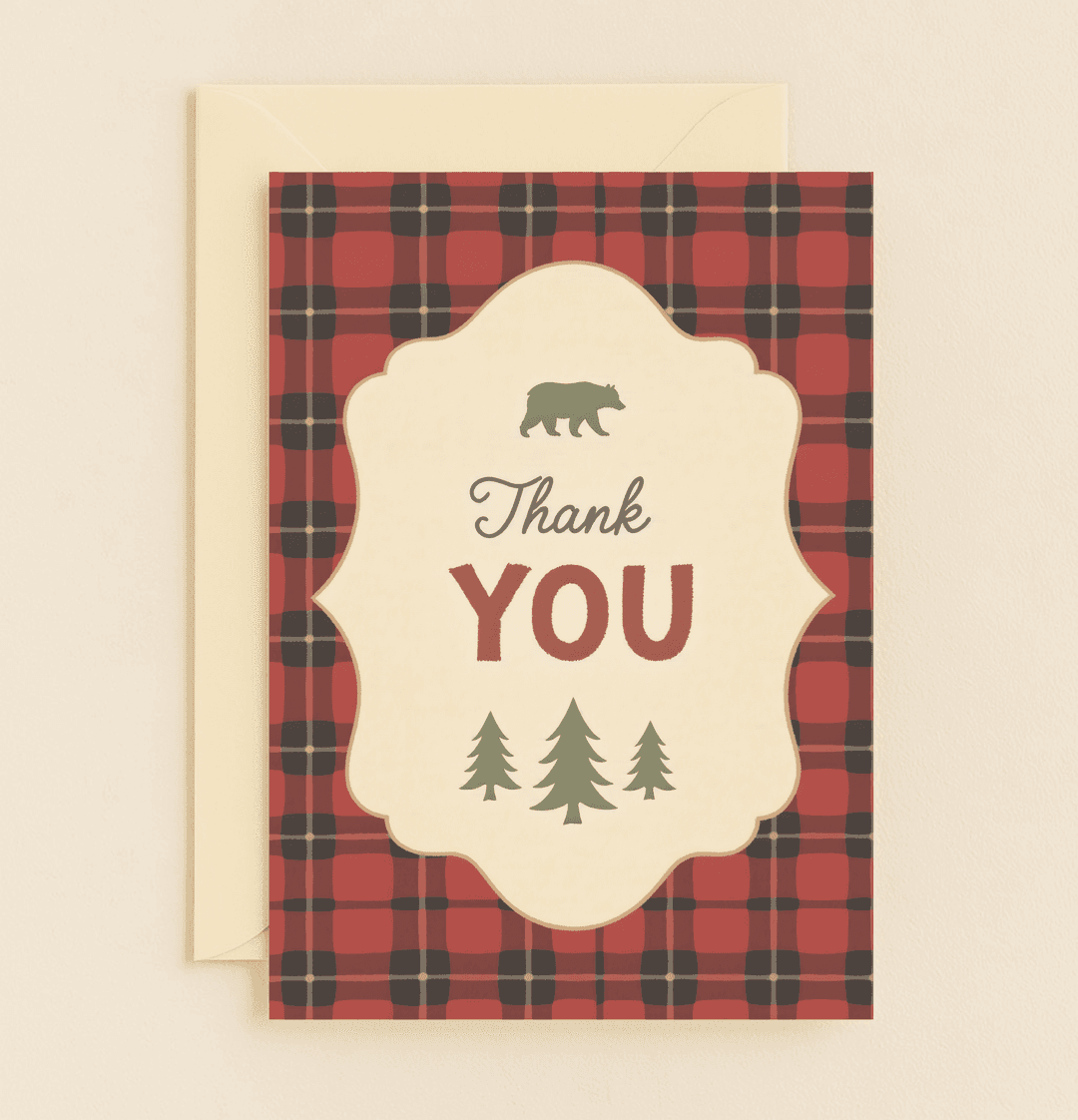 Embrace rustic charm with our "Plaid Perfection: Wilderness Gratitude" card, featuring a bold plaid design, bear silhouette, and evergreen trees for outdoor enthusiasts.