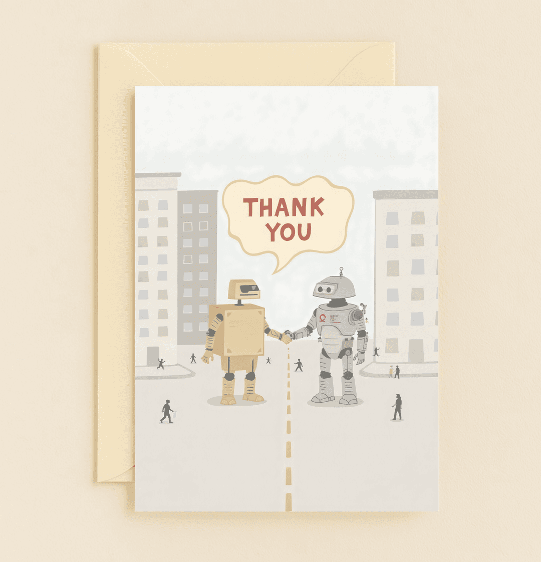 Express your gratitude with a touch of humor as two robots shake hands amidst a cityscape, sharing a bold "THANK YOU" in a speech bubble.