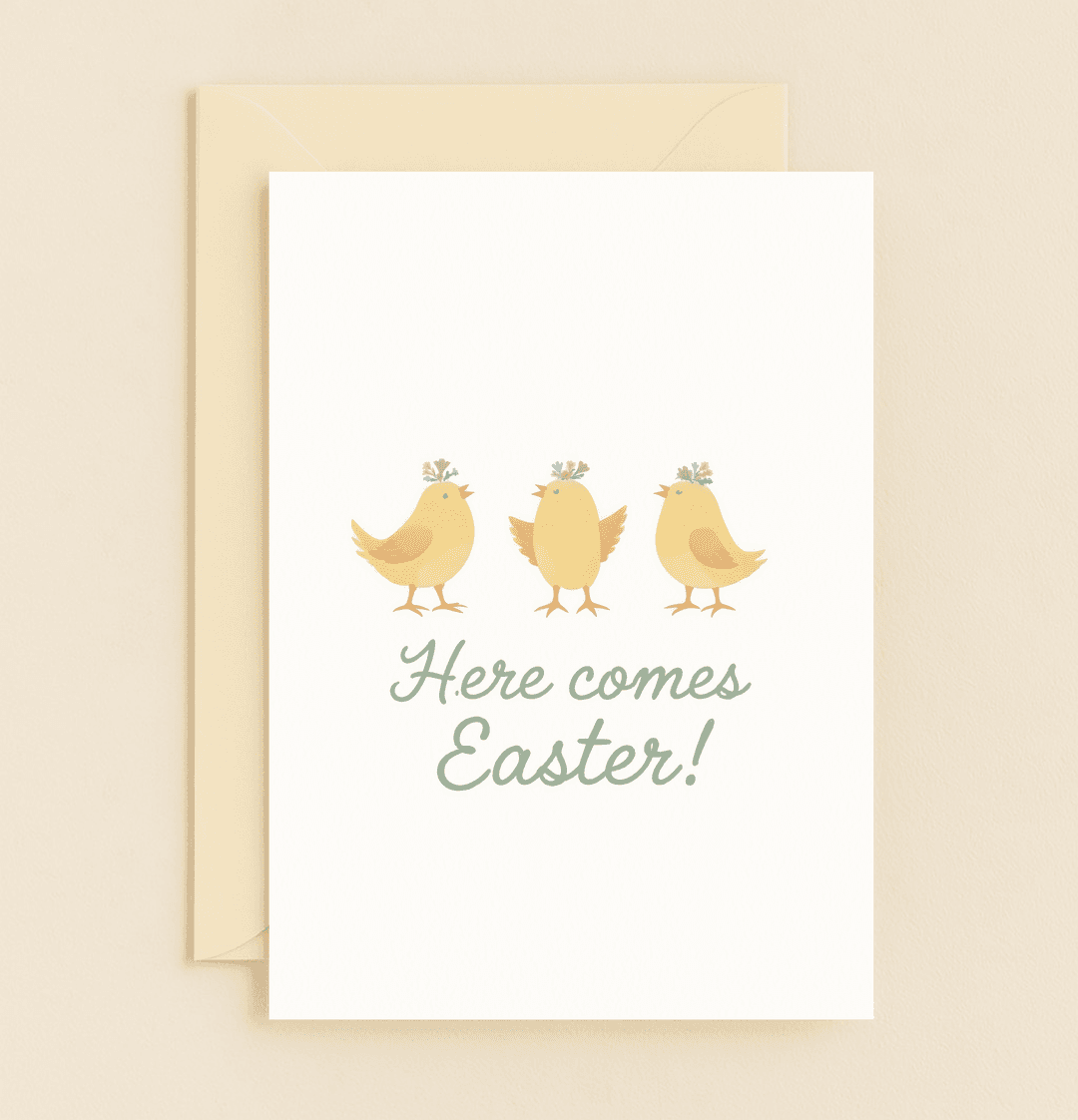 Celebrate Easter with a charming watercolor card featuring three adorable chicks adorned with floral headdresses, perfect for spreading seasonal cheer.