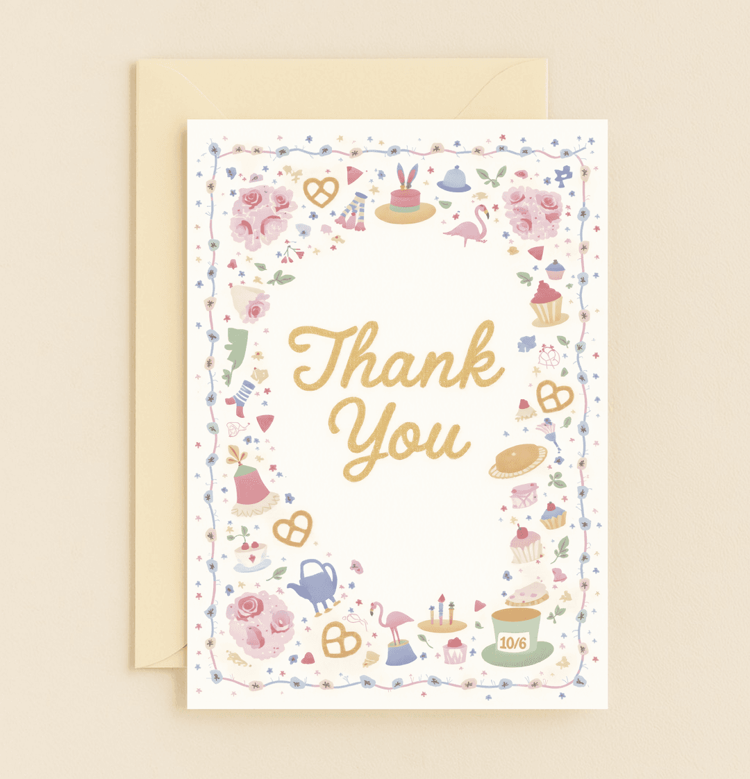 Step into a whimsical world of pastel delights with our "Whimsical Wonderland of Thanks" card, featuring playful Alice in Wonderland-inspired elements.