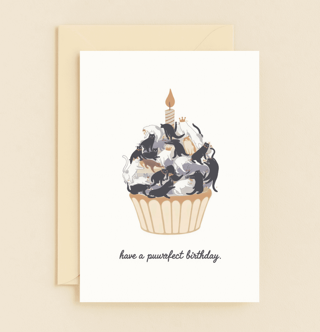 Celebrate a "purrfect" birthday with this whimsical card featuring playful cats atop a cupcake, complete with icing, candle, and pun-filled cheer.