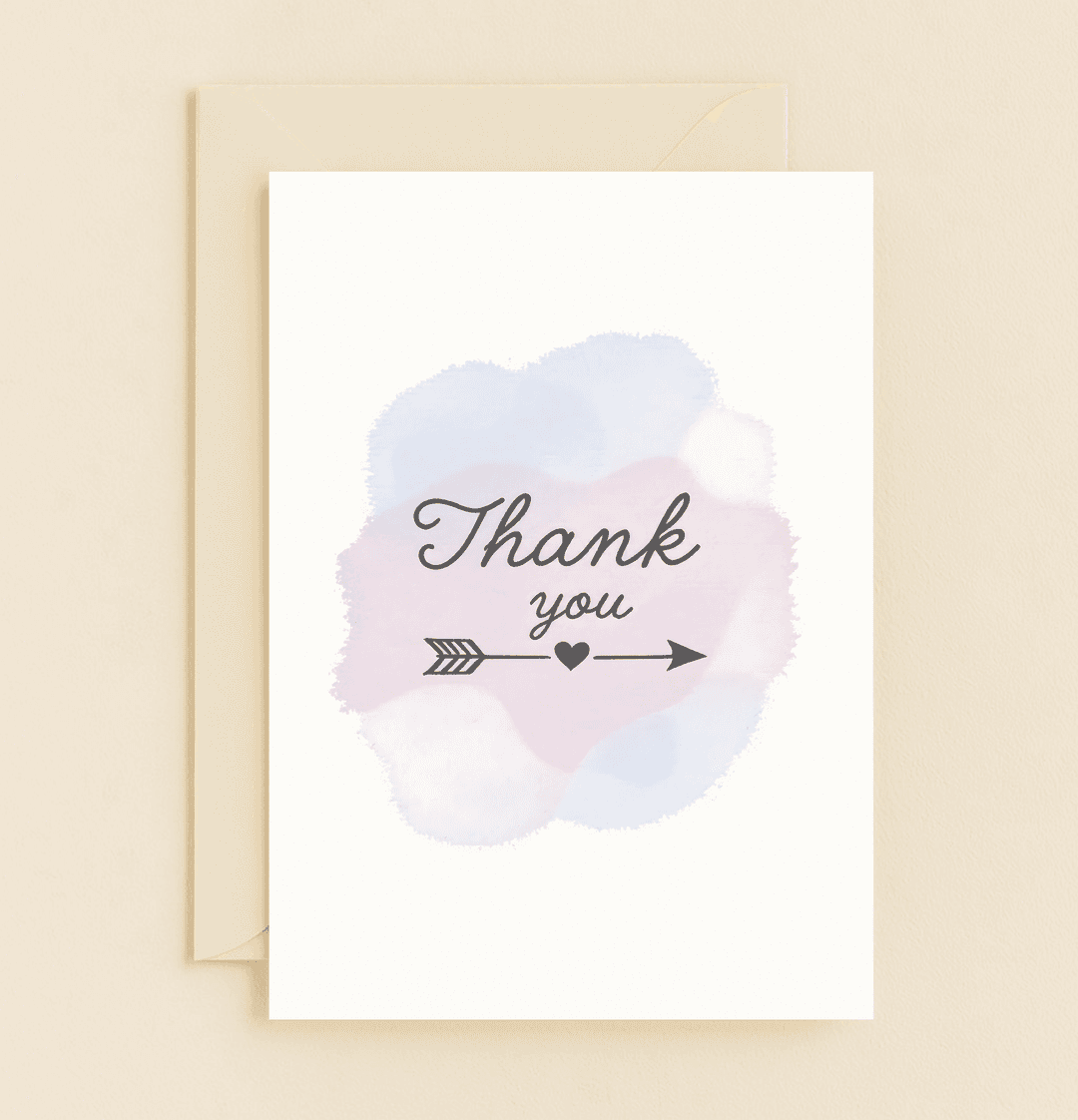 Express sincere gratitude with this elegant thank you card, featuring a pastel watercolor background, heartfelt script, and a charming heart-tipped arrow.