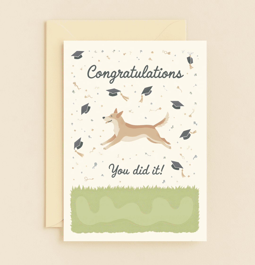 Celebrate the grad's achievement with a playful card featuring a joyful dog, tossed caps, and festive confetti, perfect for a light-hearted graduation cheer.
