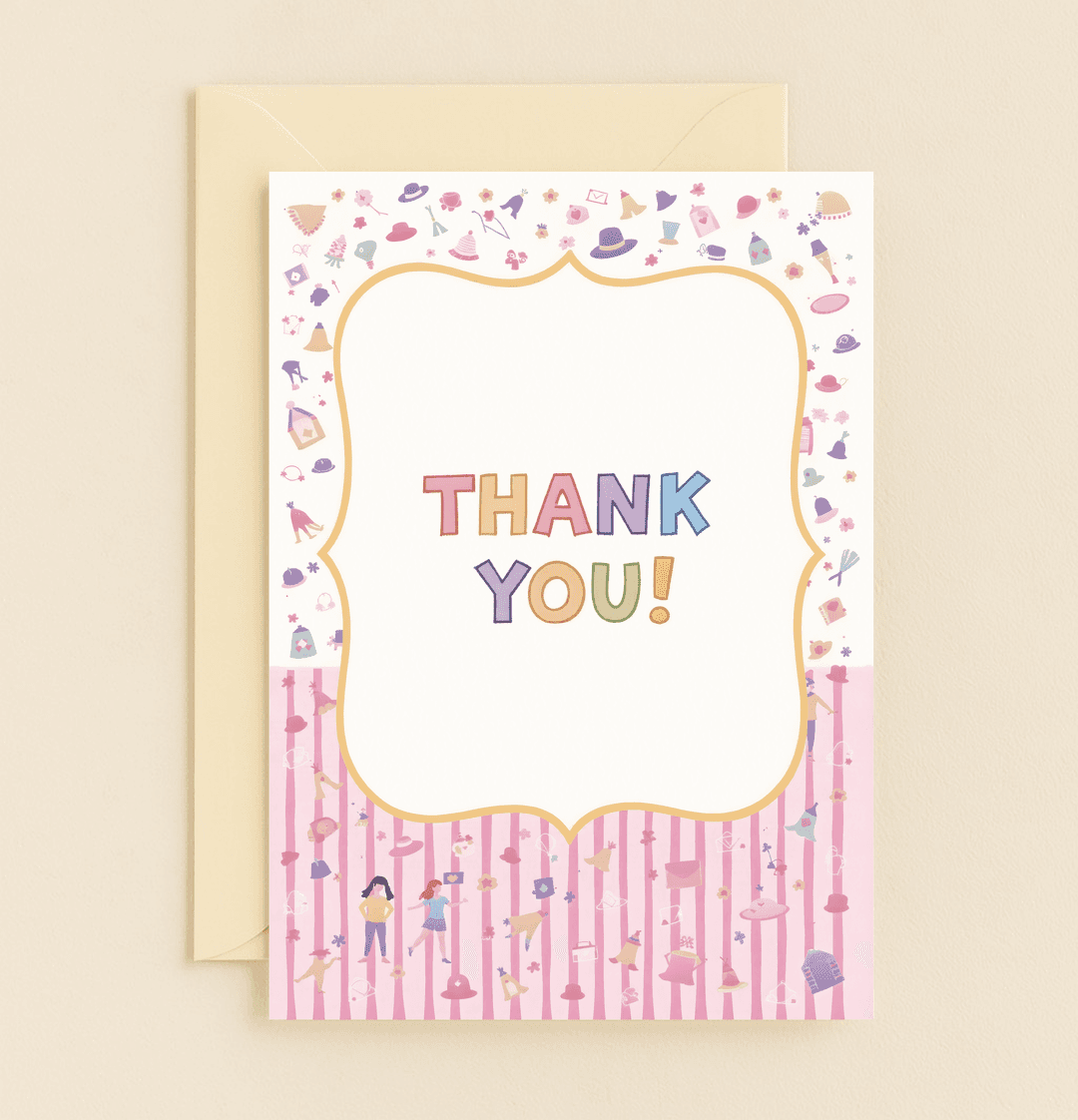 Express your gratitude with a splash of color and whimsy through this cheerful card featuring playful patterns of hats, envelopes, flowers, and more.