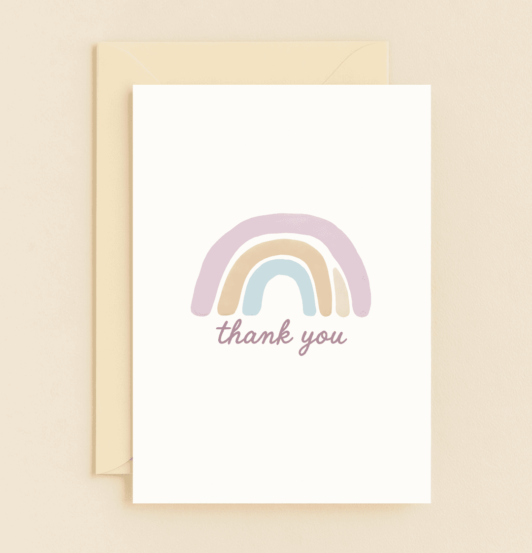 Express heartfelt gratitude with this minimalist card, featuring a hand-painted pastel rainbow and elegant cursive "thank you" on a clean white backdrop.