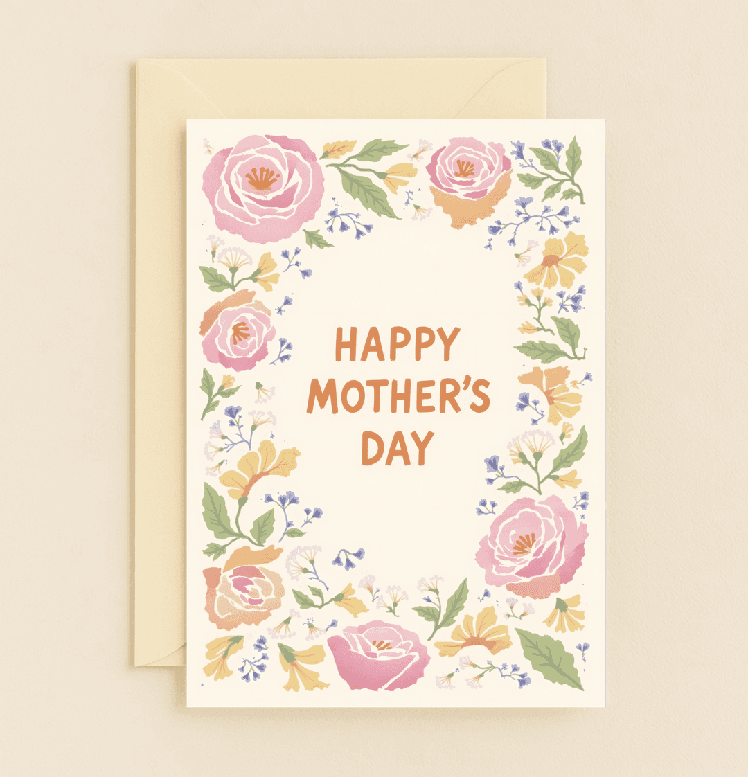 Celebrate Mother's Day with a cheerful card featuring "HAPPY MOTHER'S DAY" amidst a vibrant floral design in soft pastels and lush greenery.